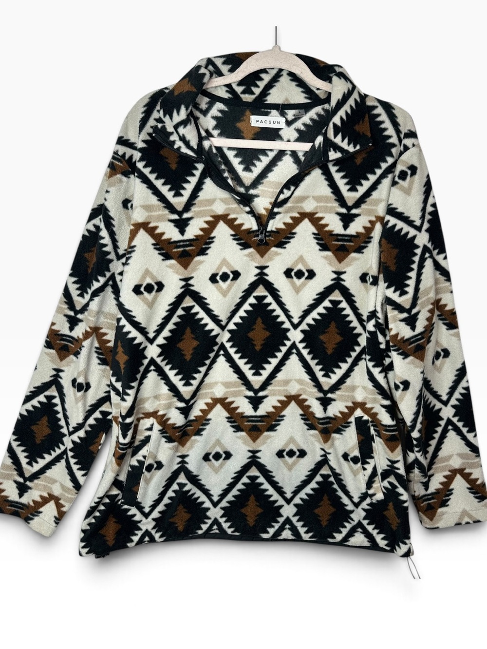 PacSun Aztec Southwestern Fleece Quarter Zip Pullover Sweater Cream Black Size L